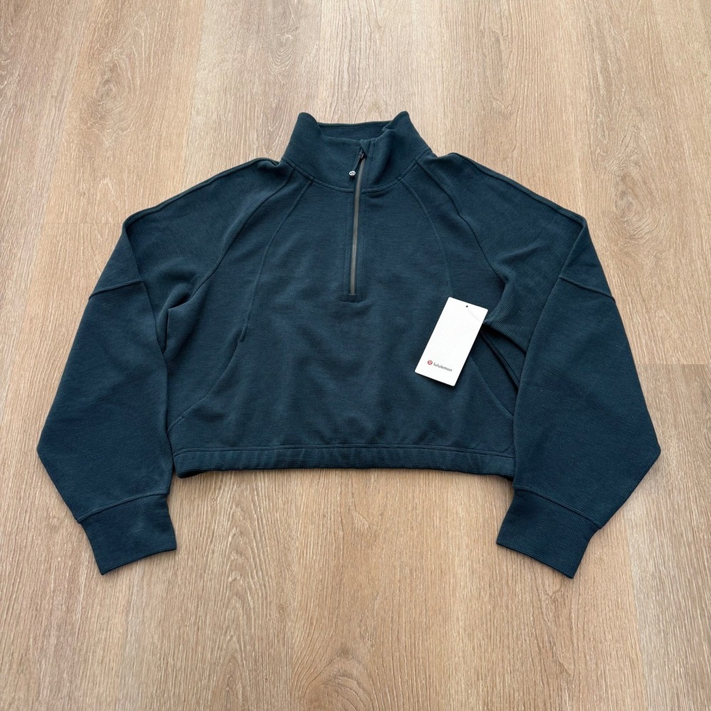 Lululemon Scuba Cropped 1/2 Zip Funnel‎ Neck Women XL Storm Teal Waffle Pullover - Picture 2 of 9